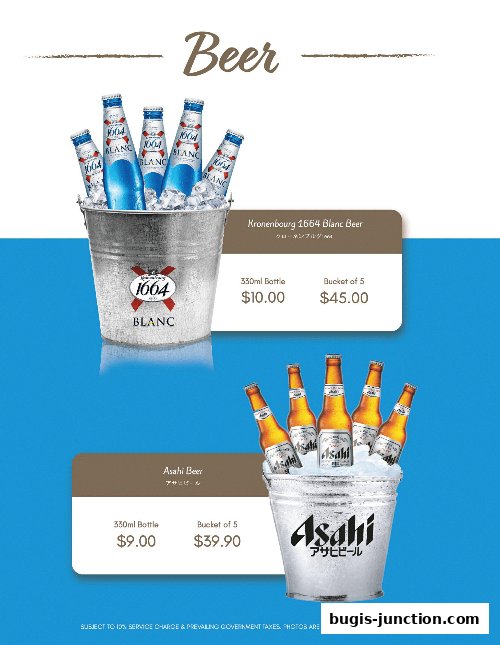 A menu showcasing buckets of Kronenbourg 1664 Blanc and Asahi beer.