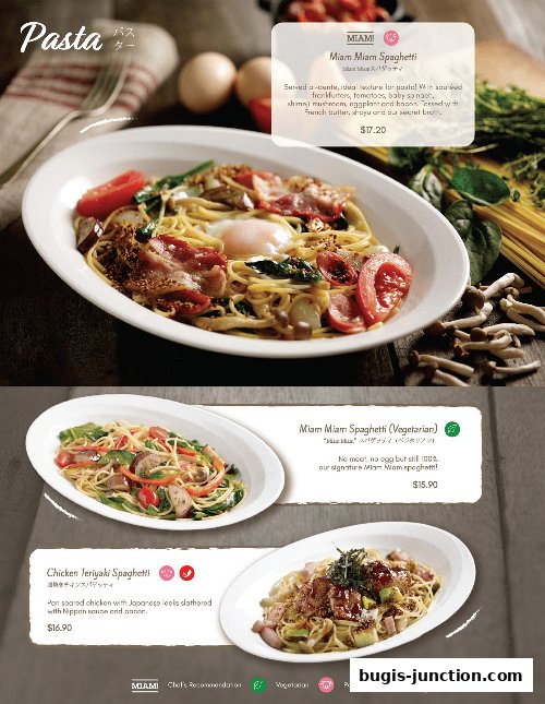 A menu showcasing three different pasta dishes from Miam Miam.