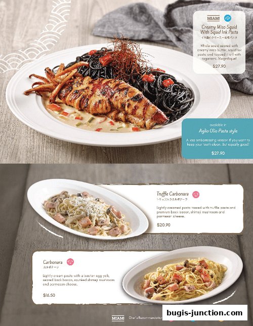 A visually appealing menu showcasing three distinct pasta dishes with detailed descriptions and prices.