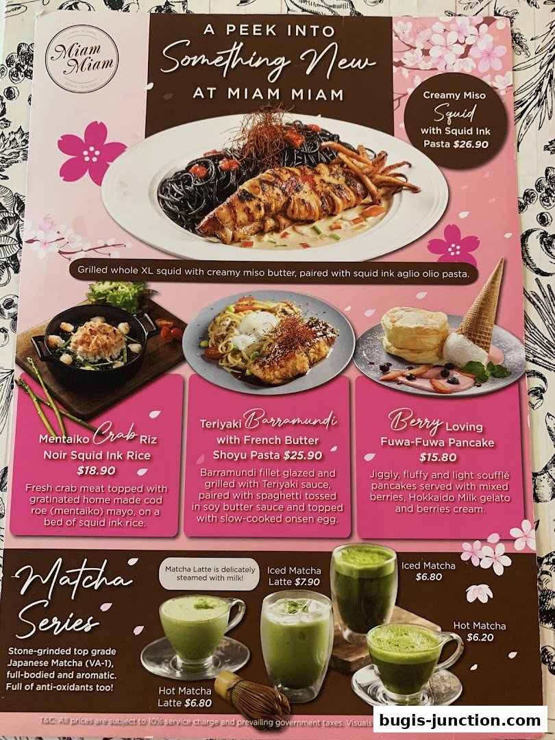 A menu showcasing Miam Miam's French-Japanese fusion dishes and matcha series.