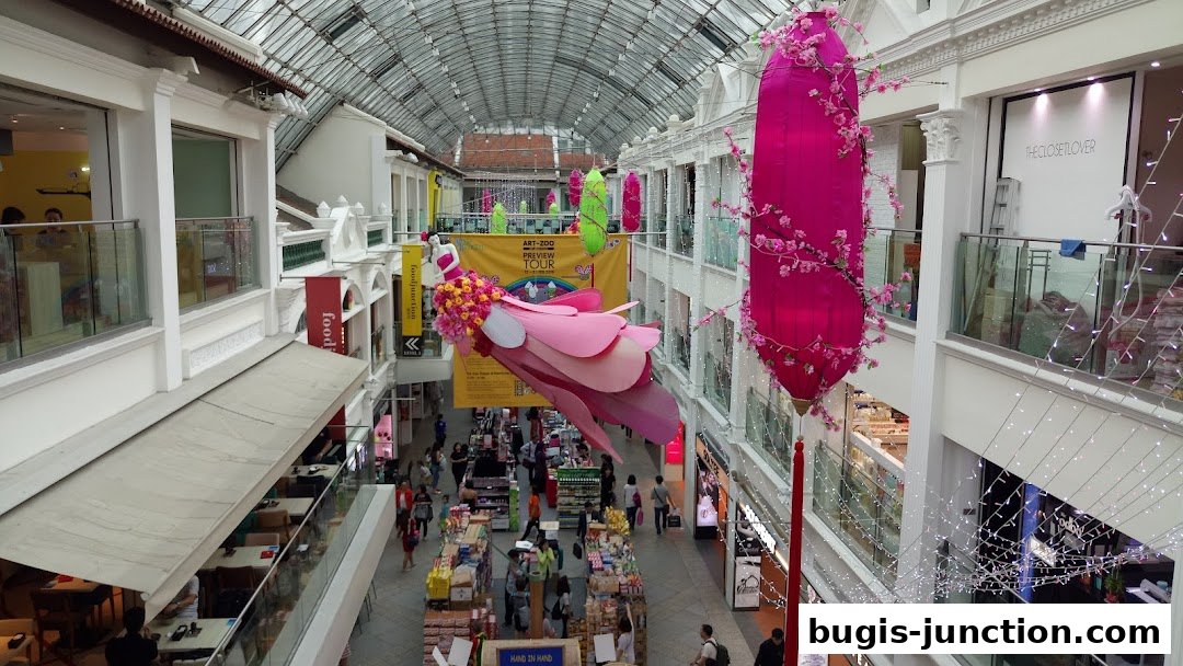 A view of a shopping mall interior with decorative lanterns and shops on multiple levels.