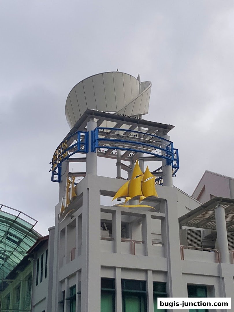 A building with a distinctive sail-like structure and yellow boat motifs against a cloudy sky.