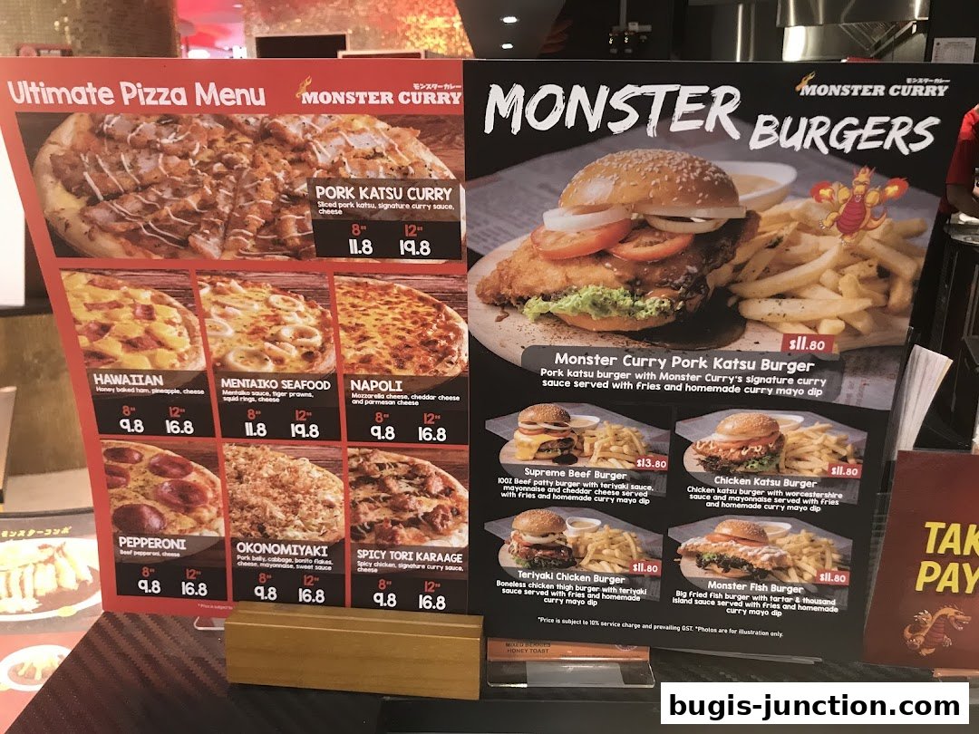 A menu display featuring Monster Curry's Ultimate Pizza and Monster Burgers selections.