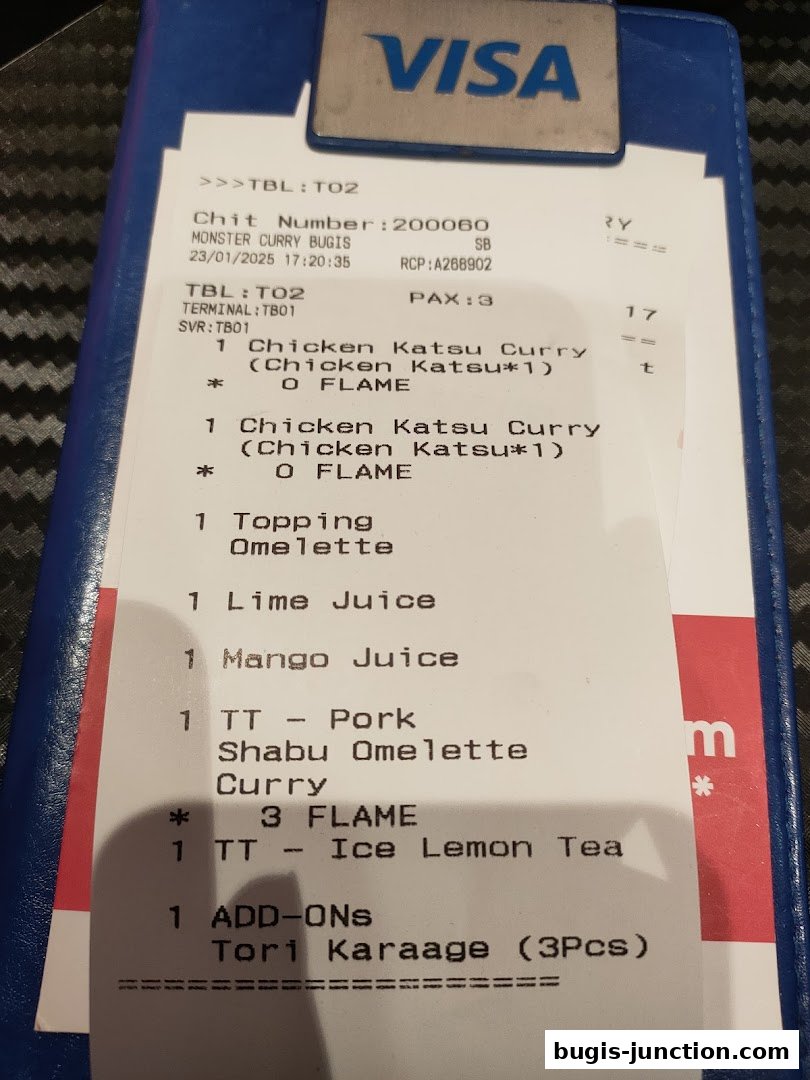 A receipt from Monster Curry Bugis showing food and drink orders.