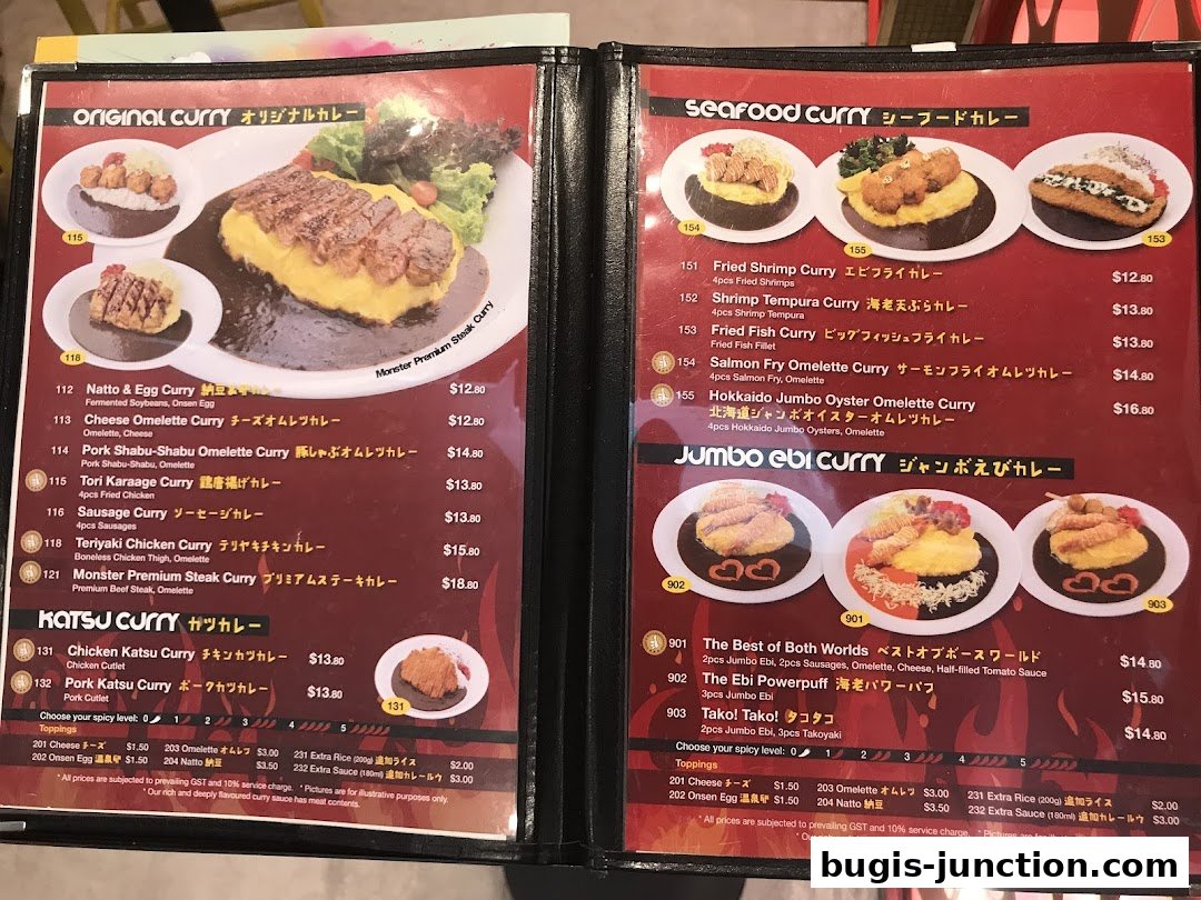 A menu from Monster Curry featuring various curry dishes with images and prices.