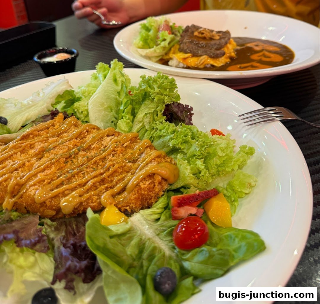 Two plates of Japanese curry rice with salad and fried chicken cutlet.