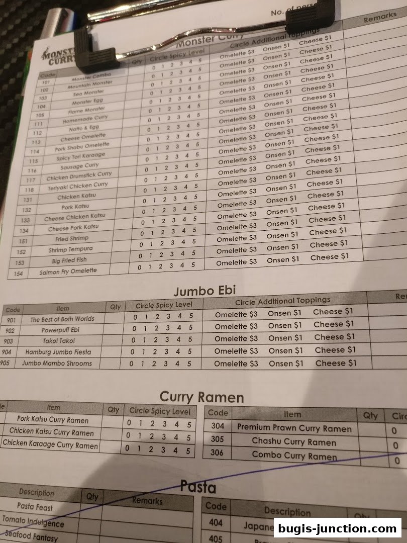 A menu from Monster Curry with various curry dishes, sides, and customization options.