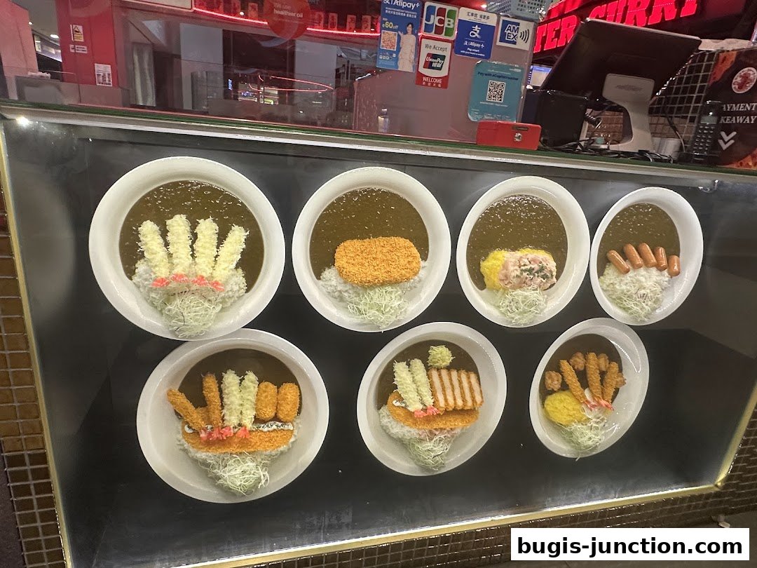 Display of various Japanese curry dishes with rice and toppings.