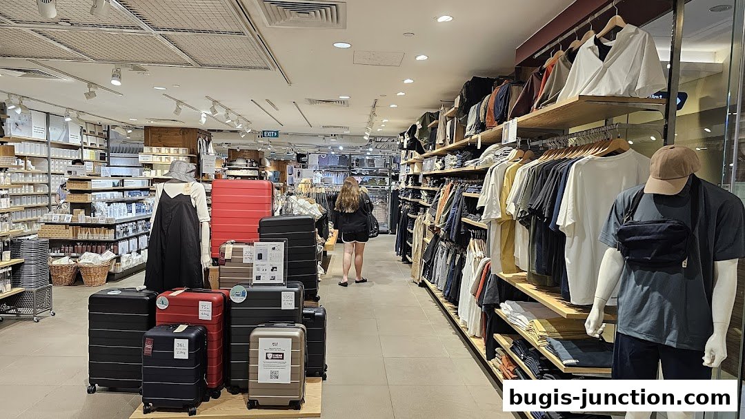Interior view of a MUJI store showcasing clothing, luggage, and home goods.