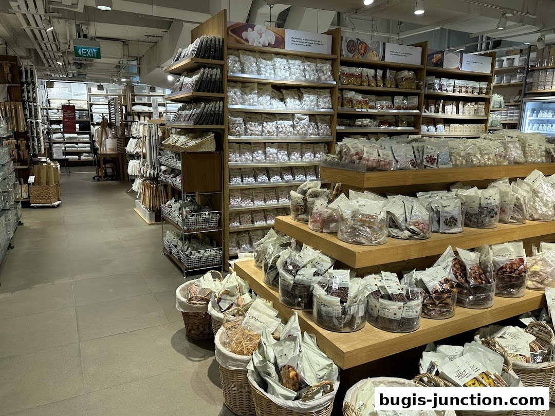 Interior view of a MUJI store showcasing shelves filled with packaged snacks and food items.