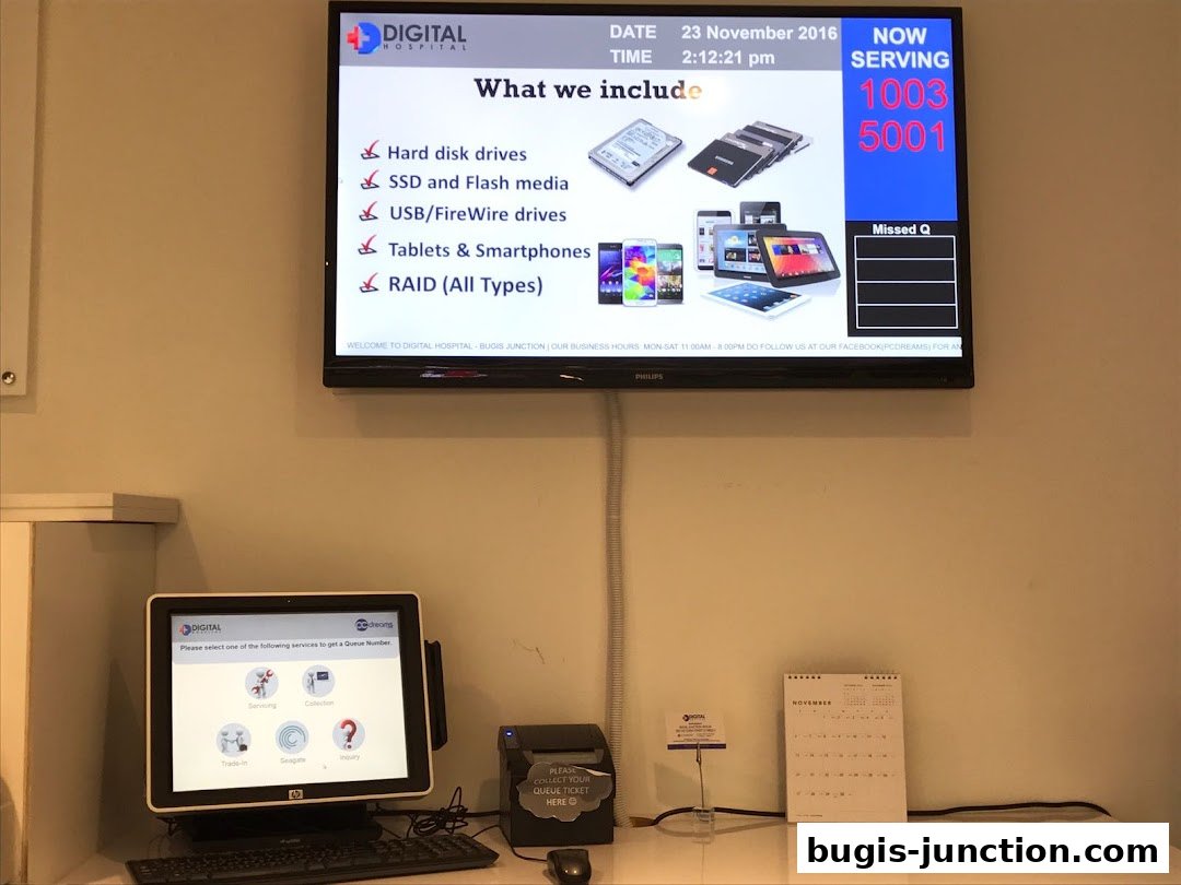 A digital display shows services offered and queue numbers, with a self-service kiosk and printer.