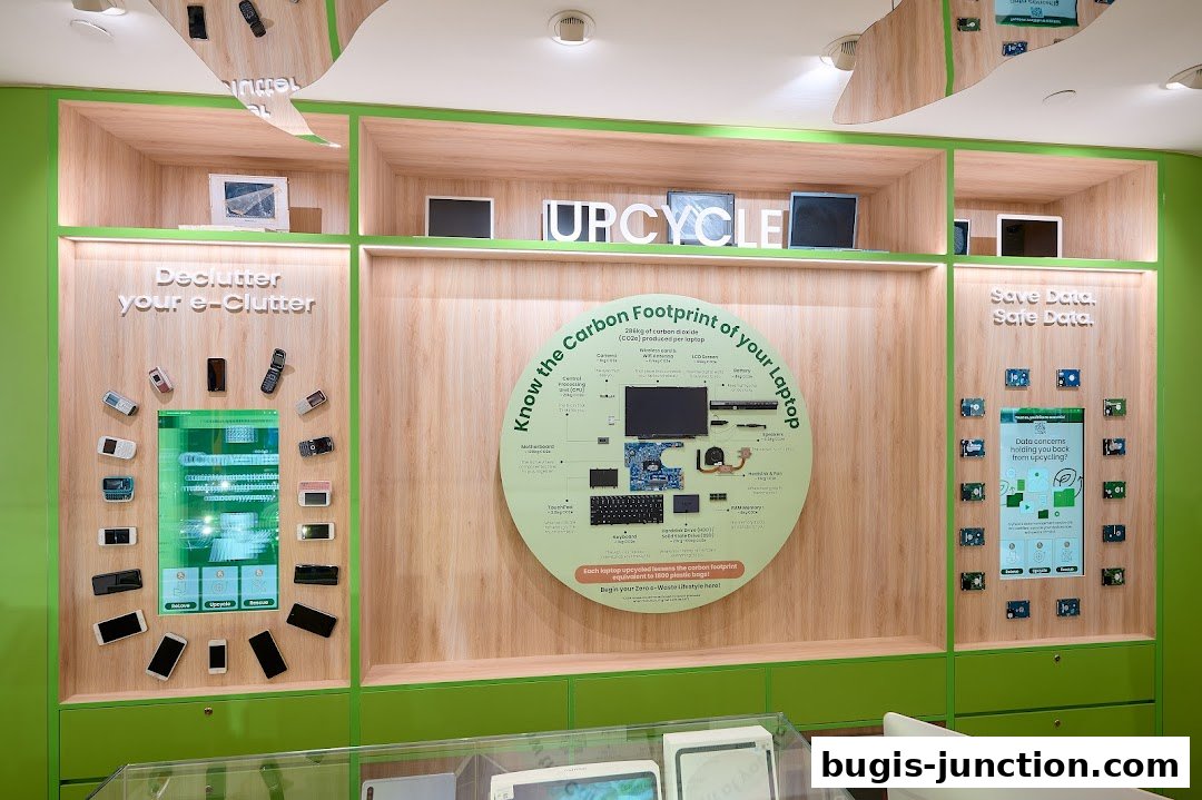 Interior of a shop displaying information about e-waste recycling and upcycling.