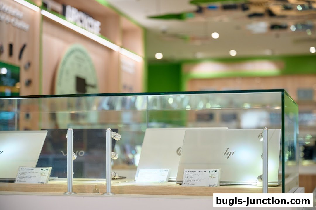 Display case with laptops for sale at myhalo CircularXchange - Digital Hospital.