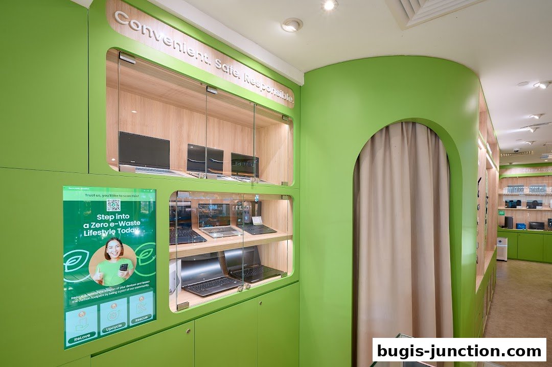 Interior of a brightly lit shop with green walls, displaying laptops in glass cabinets and a digital interactive screen.