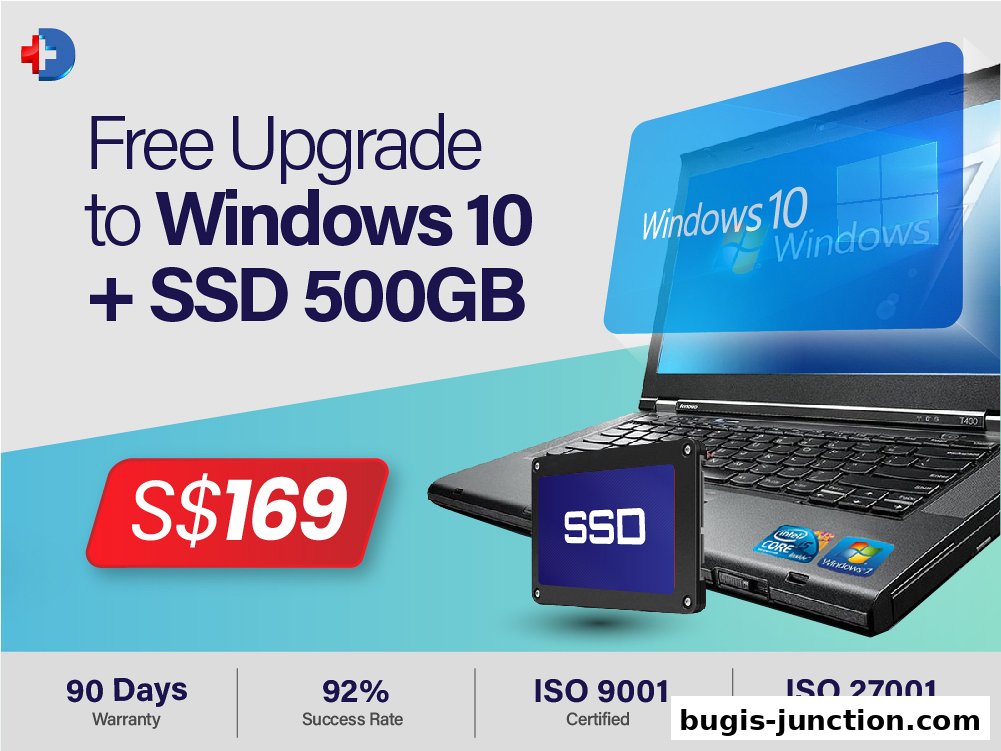 A promotional image for a Windows 10 and 500GB SSD upgrade for S$169.
