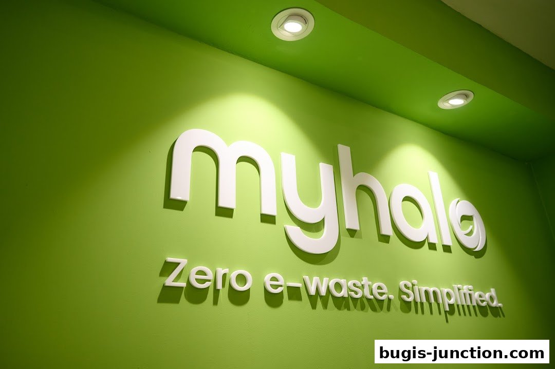 The 'myhalo CircularXchange' logo with the tagline 'Zero e-waste. Simplified.' on a lime green wall.