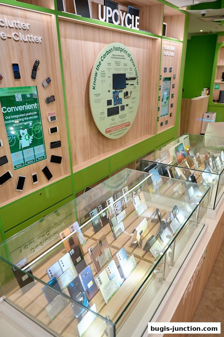 A retail shop interior displaying various mobile phones and laptops for sale, with an emphasis on upcycling and circular economy.