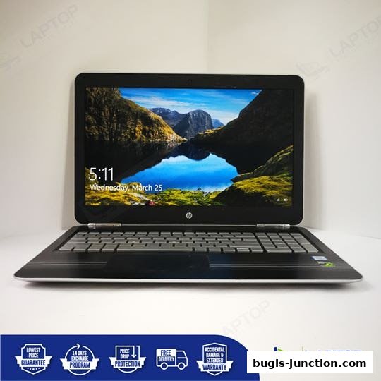 A laptop with a scenic wallpaper is displayed, showcasing various guarantees and services.