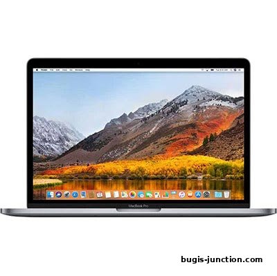 A silver MacBook Pro laptop displaying a scenic mountain landscape on its screen.