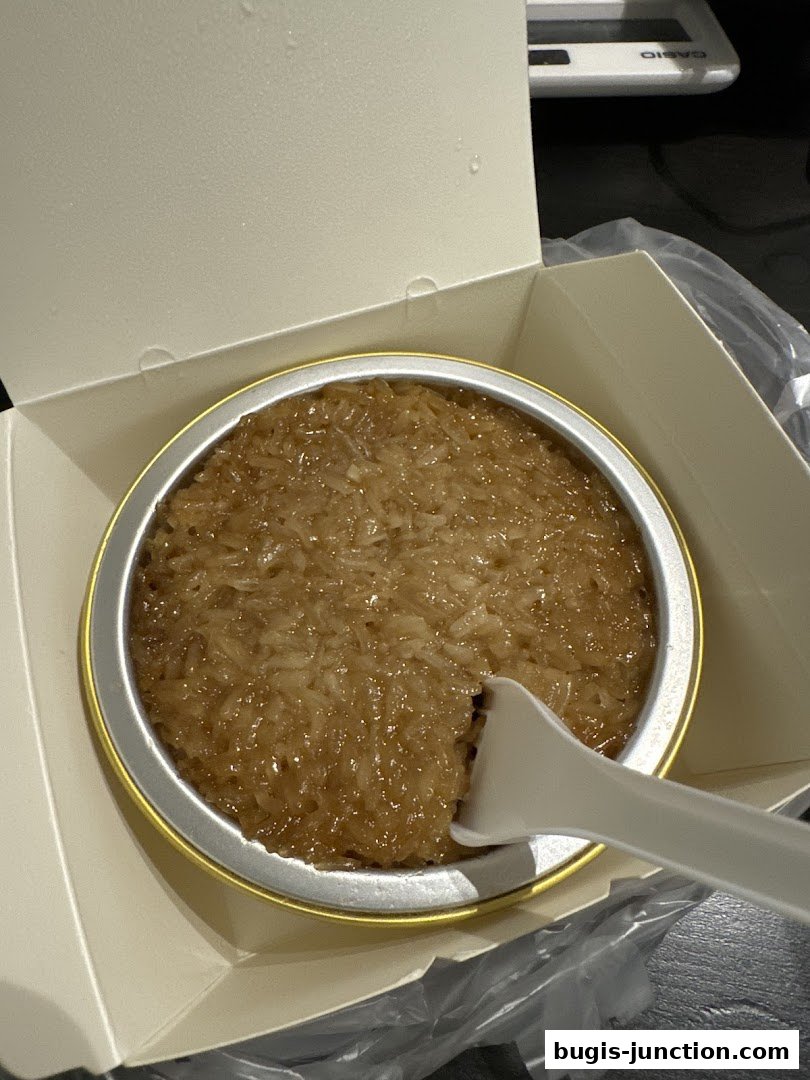 A close-up of a sweet sticky rice dessert in a takeaway box with a plastic spoon.