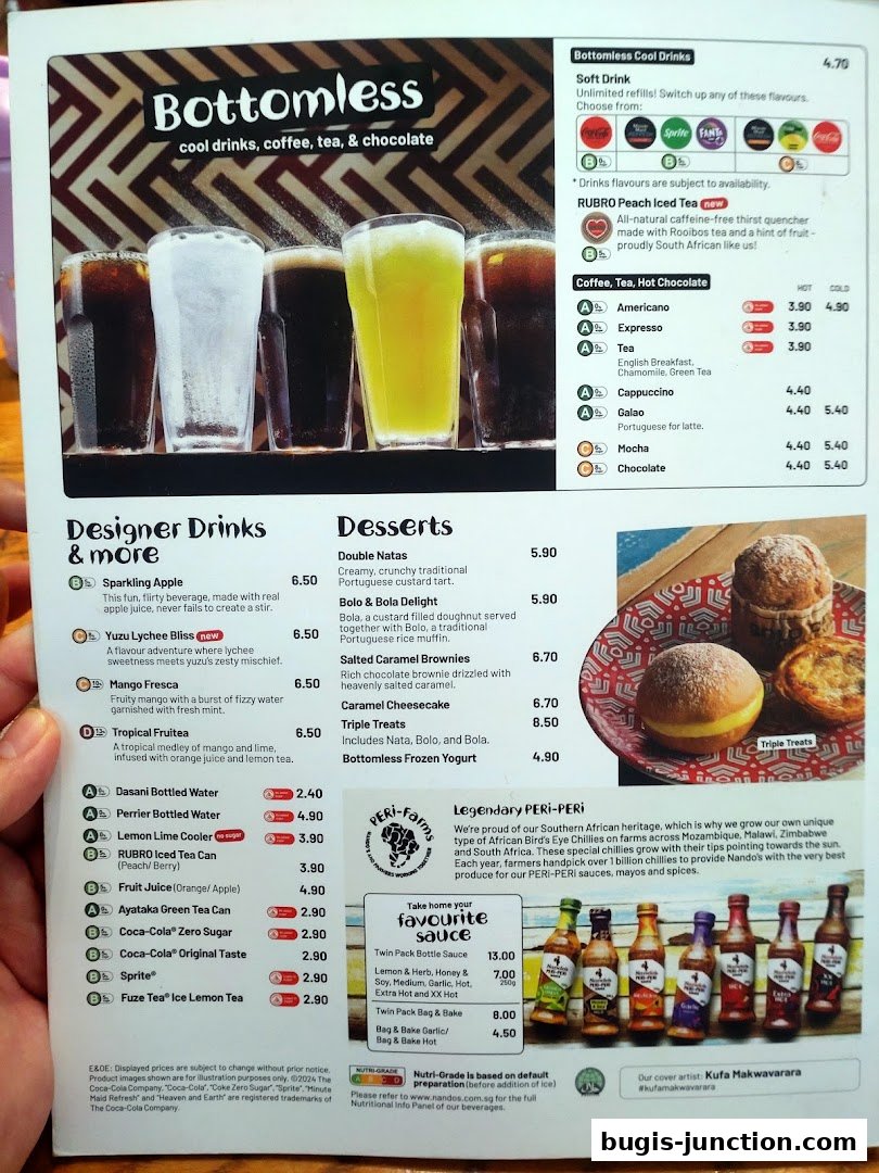 A menu page from Nando's featuring bottomless drinks, desserts, and PERI-PERI sauces.