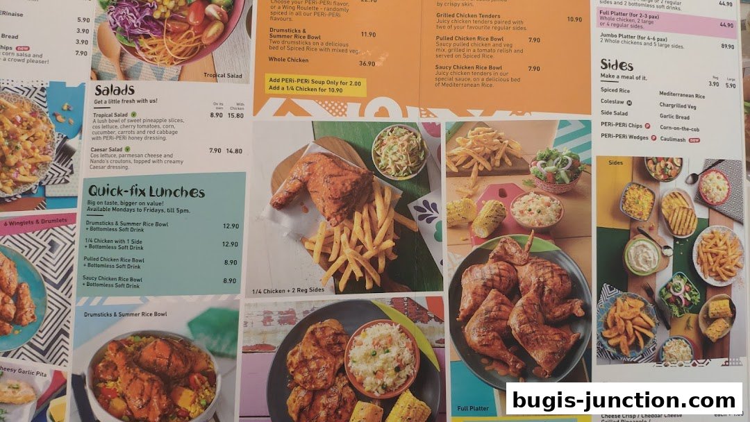 A Nando's menu featuring flame-grilled chicken, salads, sides, and quick-fix lunch options.