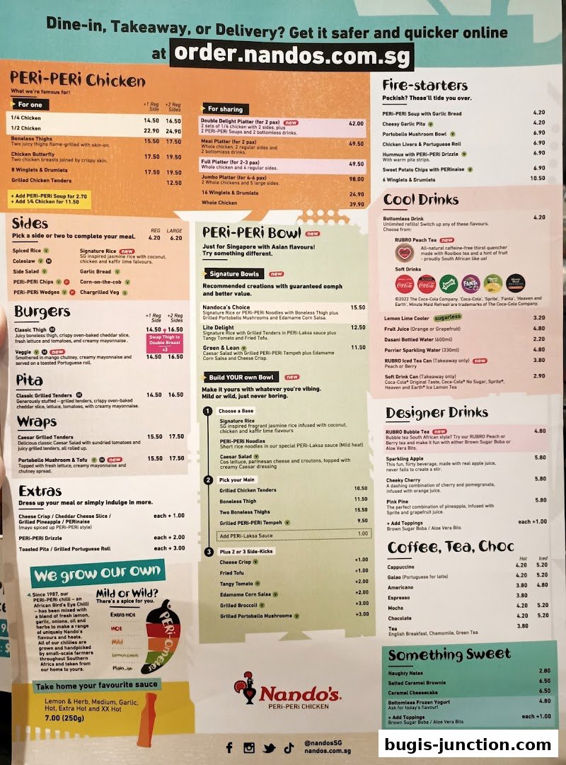 A menu for Nando's Peri-Peri Chicken featuring chicken dishes, sides, burgers, wraps, bowls, drinks, and desserts.