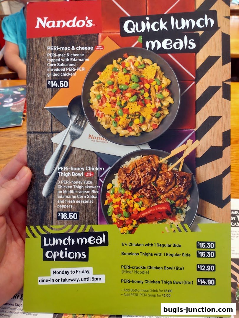A Nando's menu showcasing quick lunch meals with chicken dishes and sides.