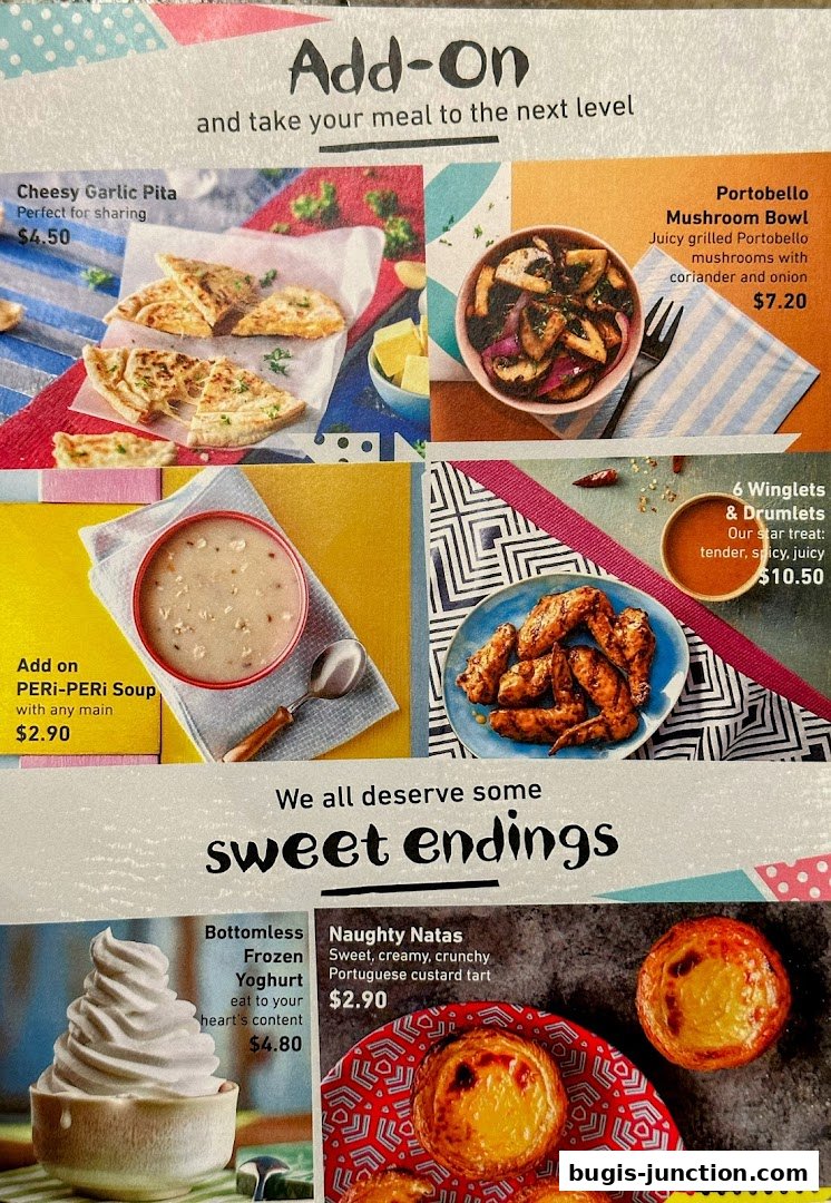 A menu showcasing Nando's add-on items and sweet endings, featuring chicken wings, pita, soup, yogurt, and tarts.