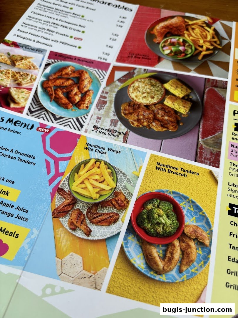 A vibrant menu showcasing various Nando's PERi-PERi chicken dishes and sides.