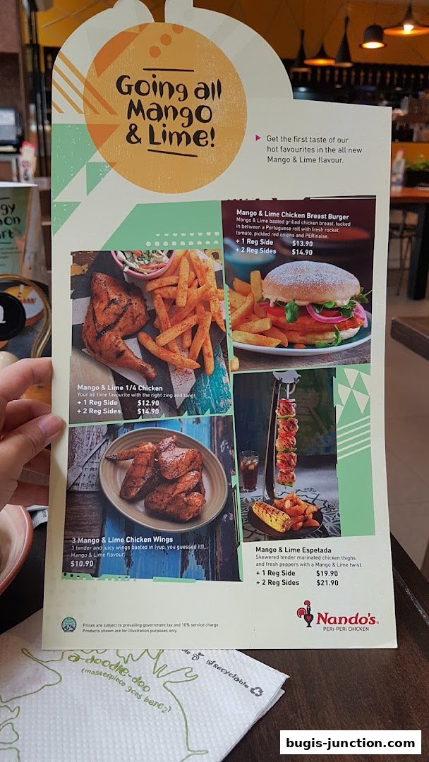 A Nando's menu featuring new Mango & Lime flavored chicken dishes.
