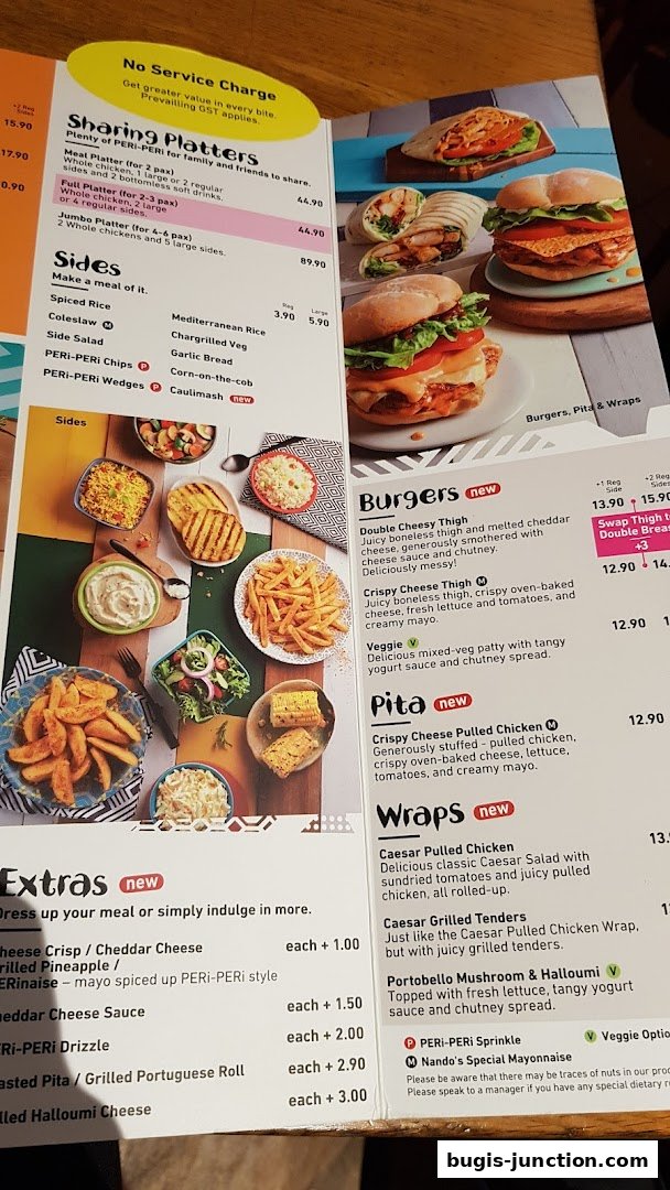 A menu from Nandos featuring sharing platters, sides, burgers, pitas, wraps, and extras.