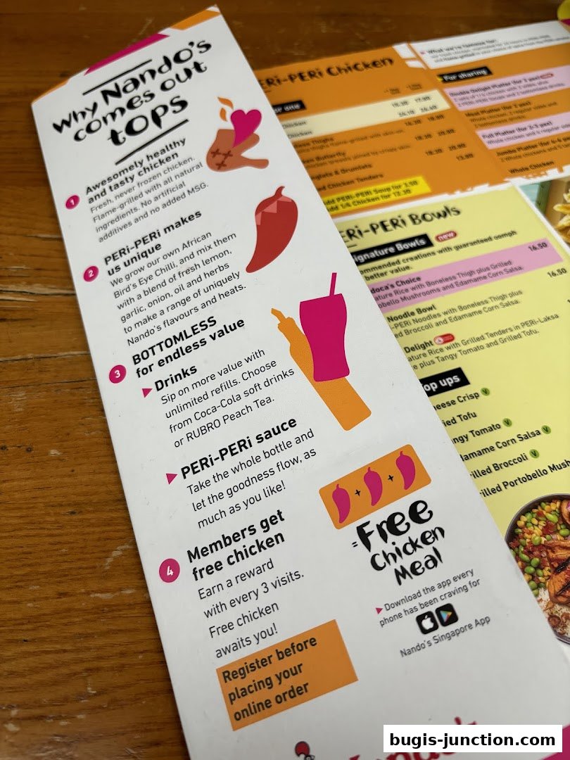 A menu from Nando's highlighting their PERI-PERI chicken and bowls, with promotional offers.