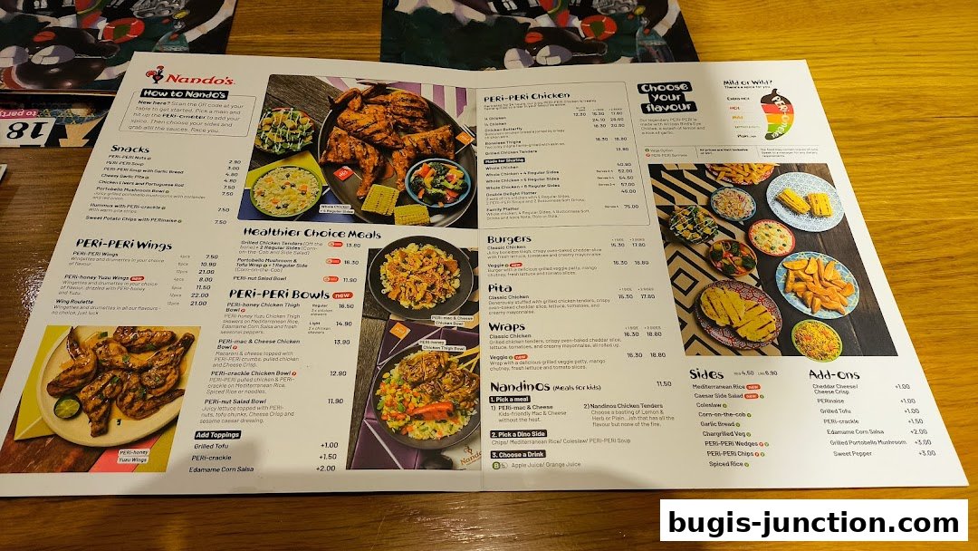 A Nando's menu featuring flame-grilled PERi-PERi chicken, sides, burgers, and more.