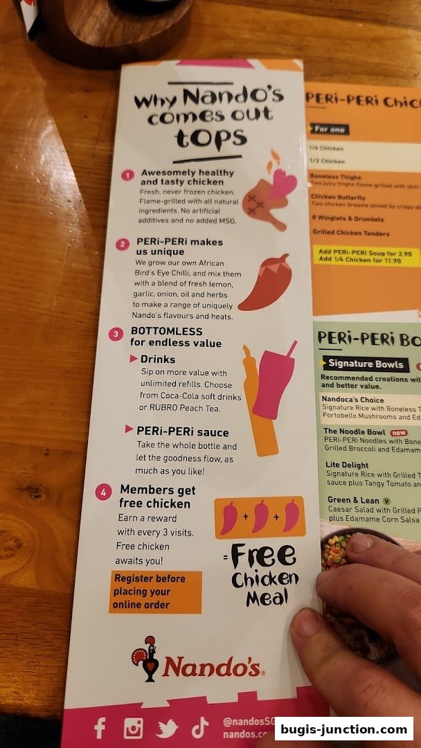A Nando's menu highlighting why their chicken is top-notch and offering various chicken options.