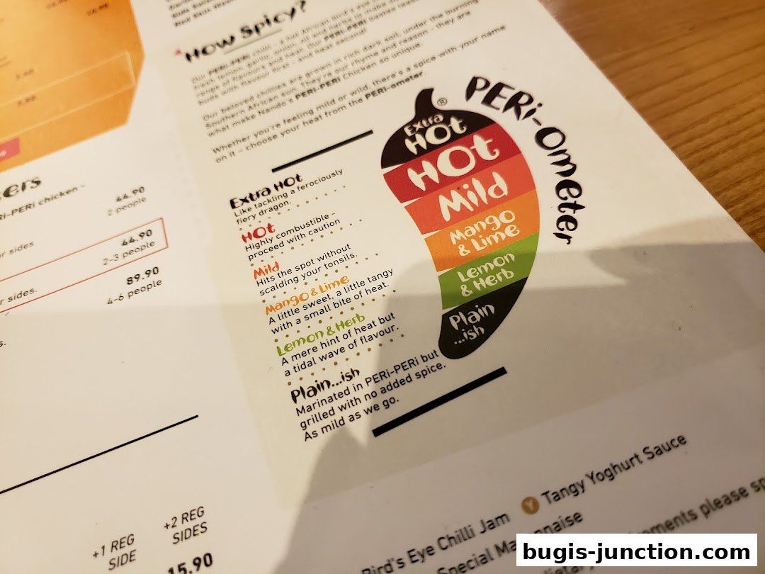 A close-up of a Nando's menu showing the PERI-ometer spice guide and chicken options.
