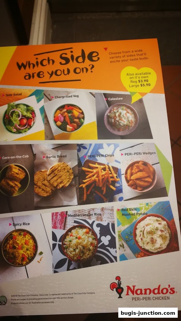 A Nando's menu showcasing various side dishes with appetizing images.