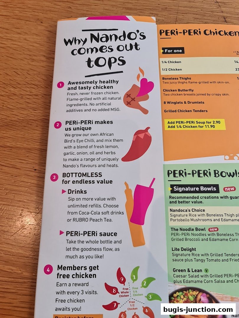 A menu from Nando's showcasing their PERi-PERi chicken and bowls with prices.