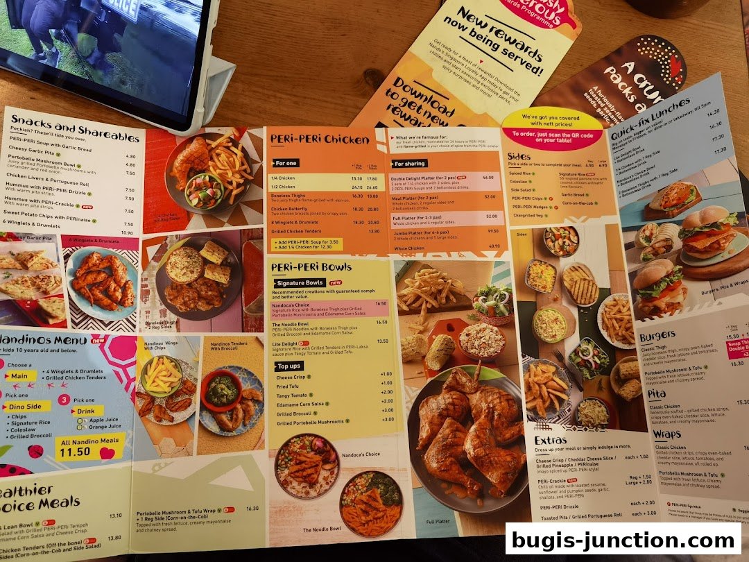 A Nando's menu featuring PERI-PERI chicken, bowls, snacks, sides, burgers, wraps, and extras.