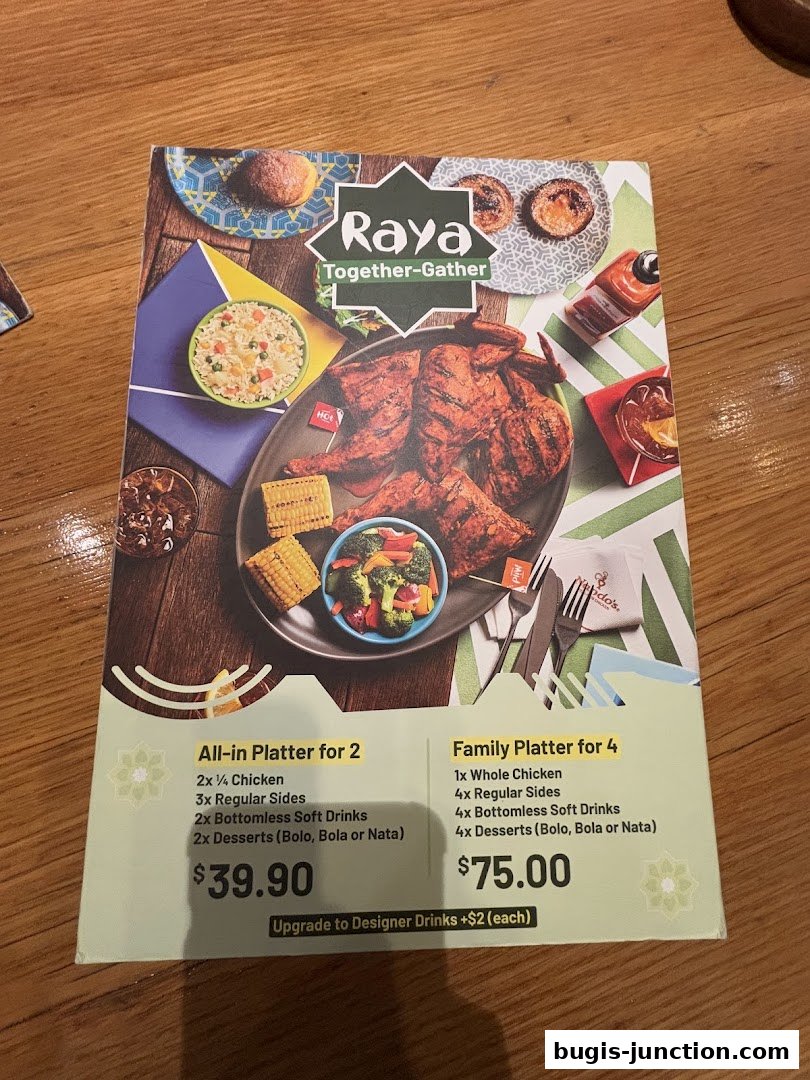 A menu featuring platters for two and four, with grilled chicken, sides, drinks, and desserts.