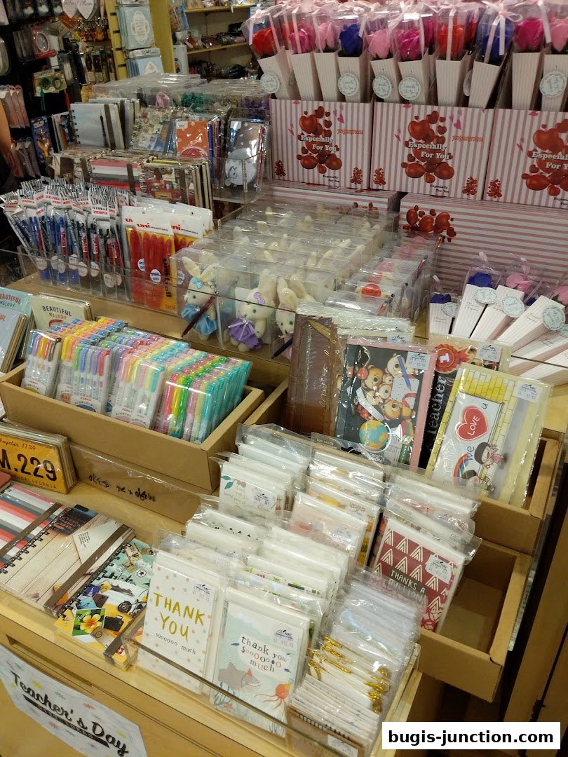 A wide selection of stationery, gifts, and decorative items, including pens, notebooks, and cards.