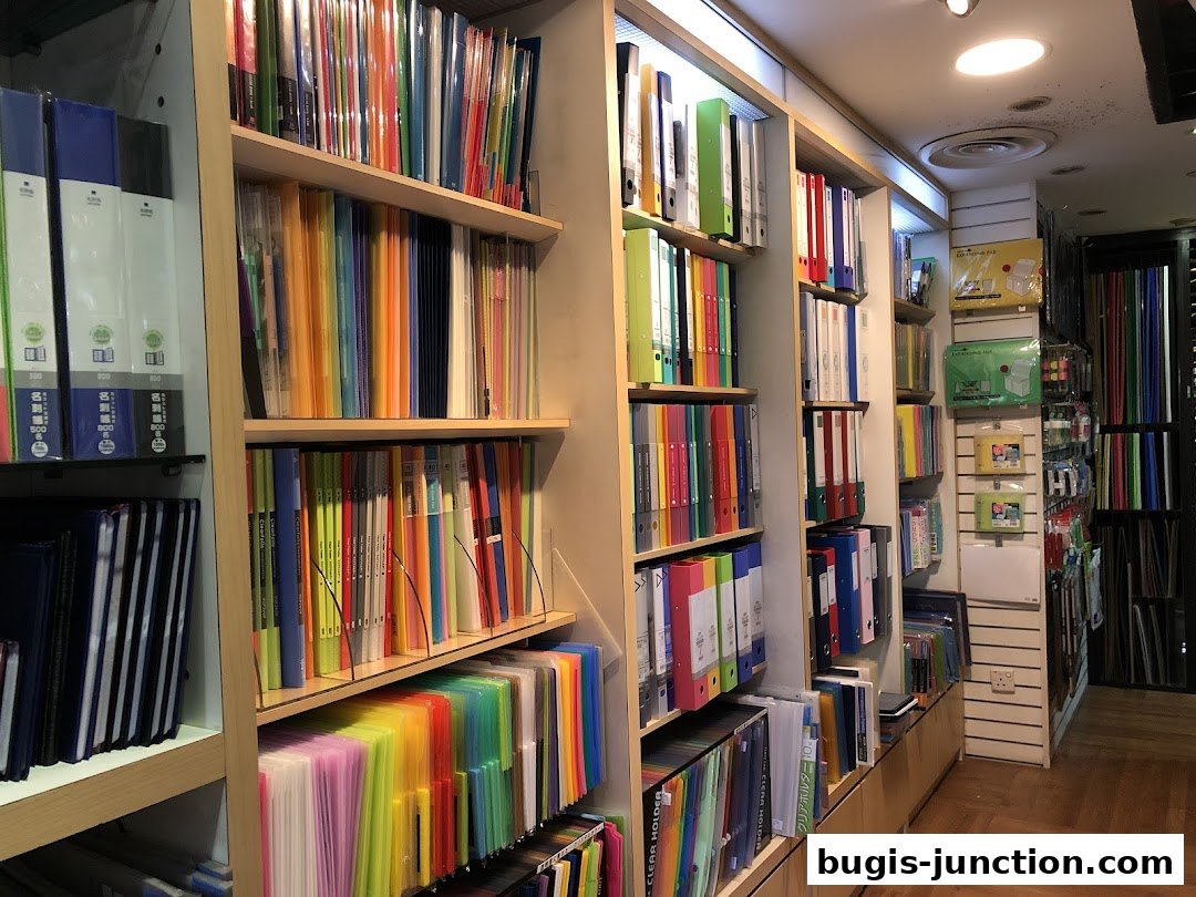 Shelves filled with colorful stationery, folders, and binders in a retail store.