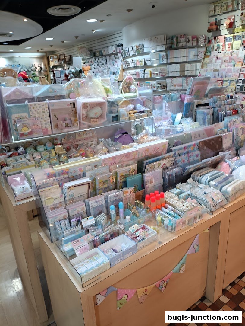 A wide variety of stationery, gifts, and plush toys are displayed on shelves and tables.