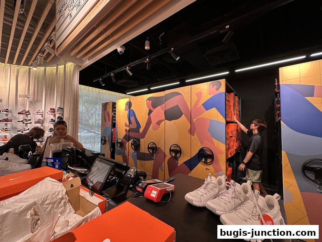 Inside a Nike store with shoes on display, a checkout counter, and a person reaching for shoe boxes.