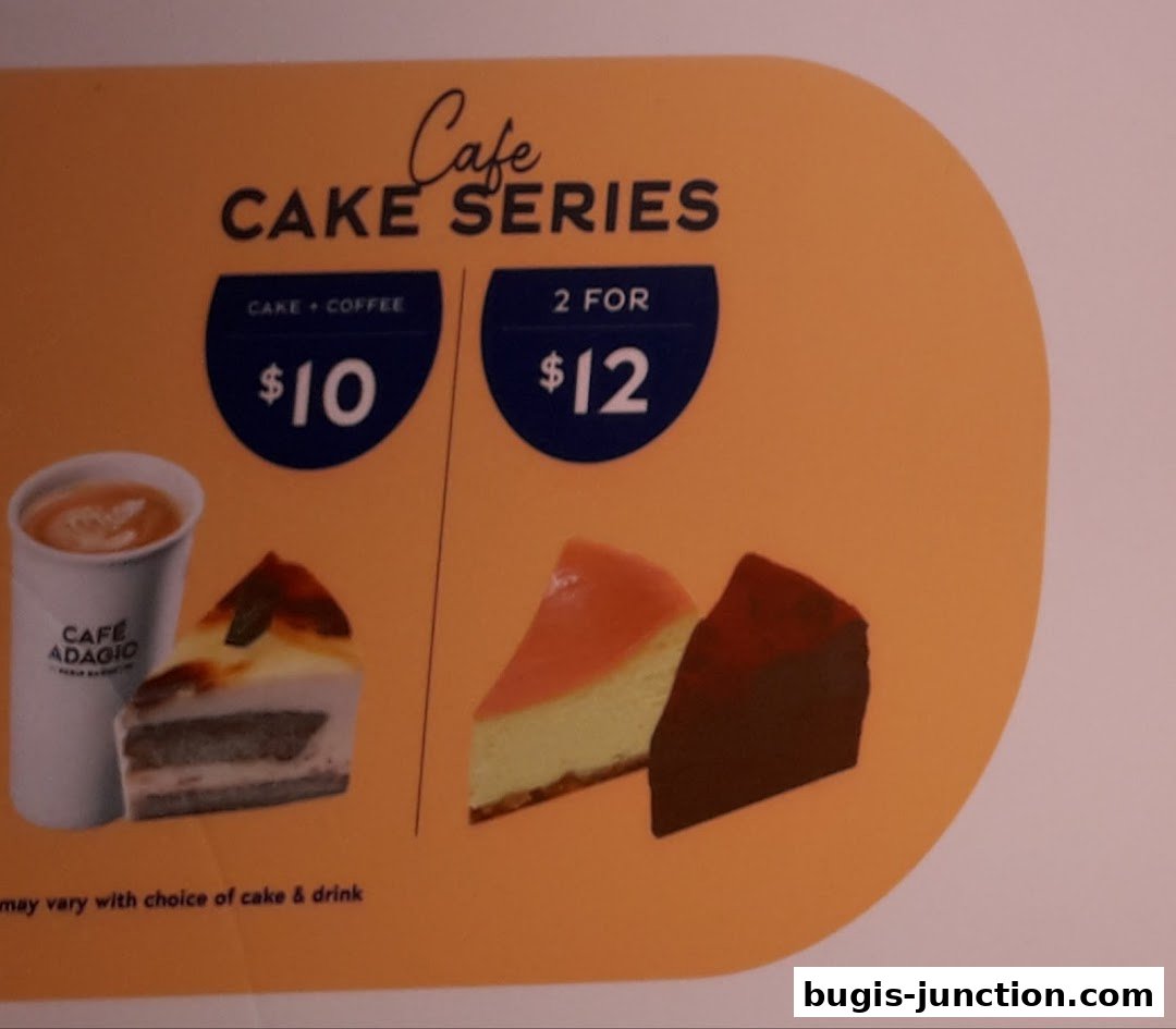 A promotional display for Paris Baguette's Cake Series, featuring cake and coffee deals.