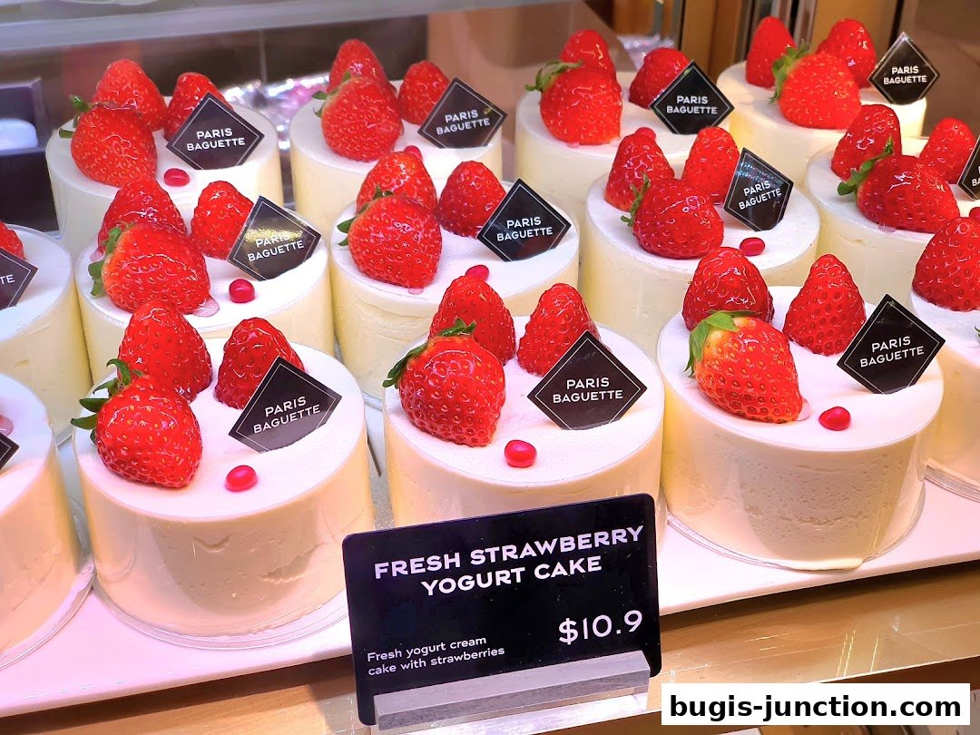 A display of fresh strawberry yogurt cakes from Paris Baguette.