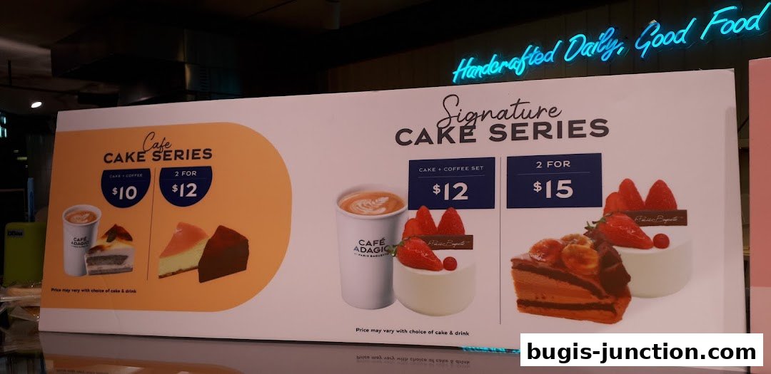 A menu board showcasing cake and coffee deals from Paris Baguette.