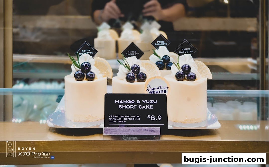 A display of delicious Mango & Yuzu Short Cakes at Paris Baguette.