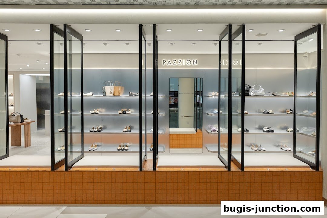 The PAZZION Bugis Junction shop front displays a variety of stylish shoes and handbags in illuminated glass cabinets.