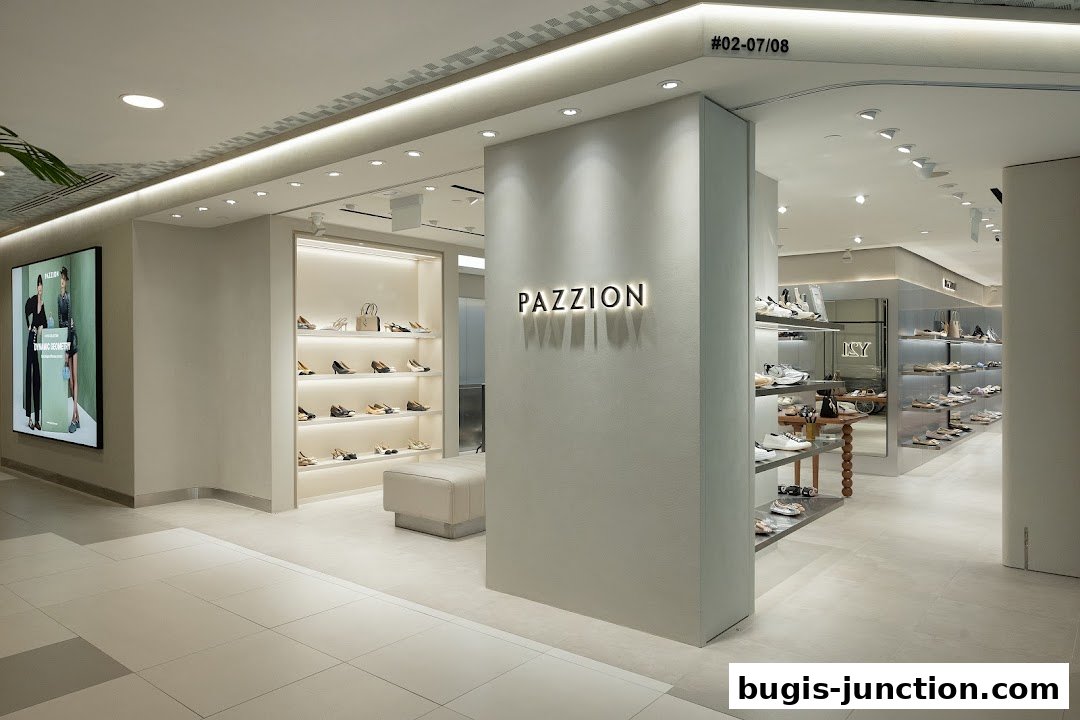 Interior view of a modern shoe store with displays of various footwear and a large advertisement.
